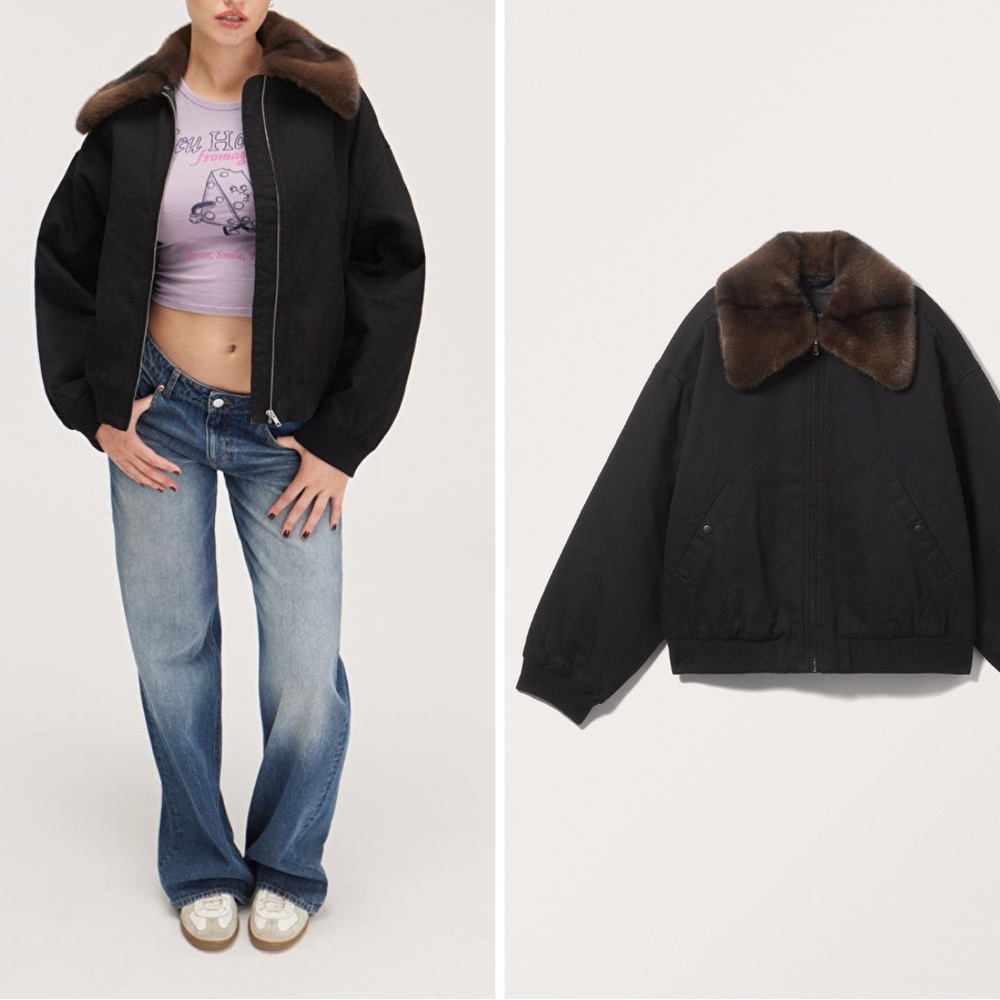 Monki Loose Padded Bomber Jacket - removable faux fur collar - black M oversized